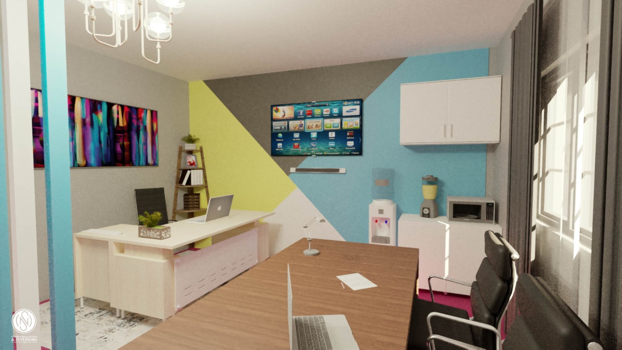 Modern office with geometric wall art, desk, laptops, flat-screen TV, and white furniture, creating a vibrant workspace.