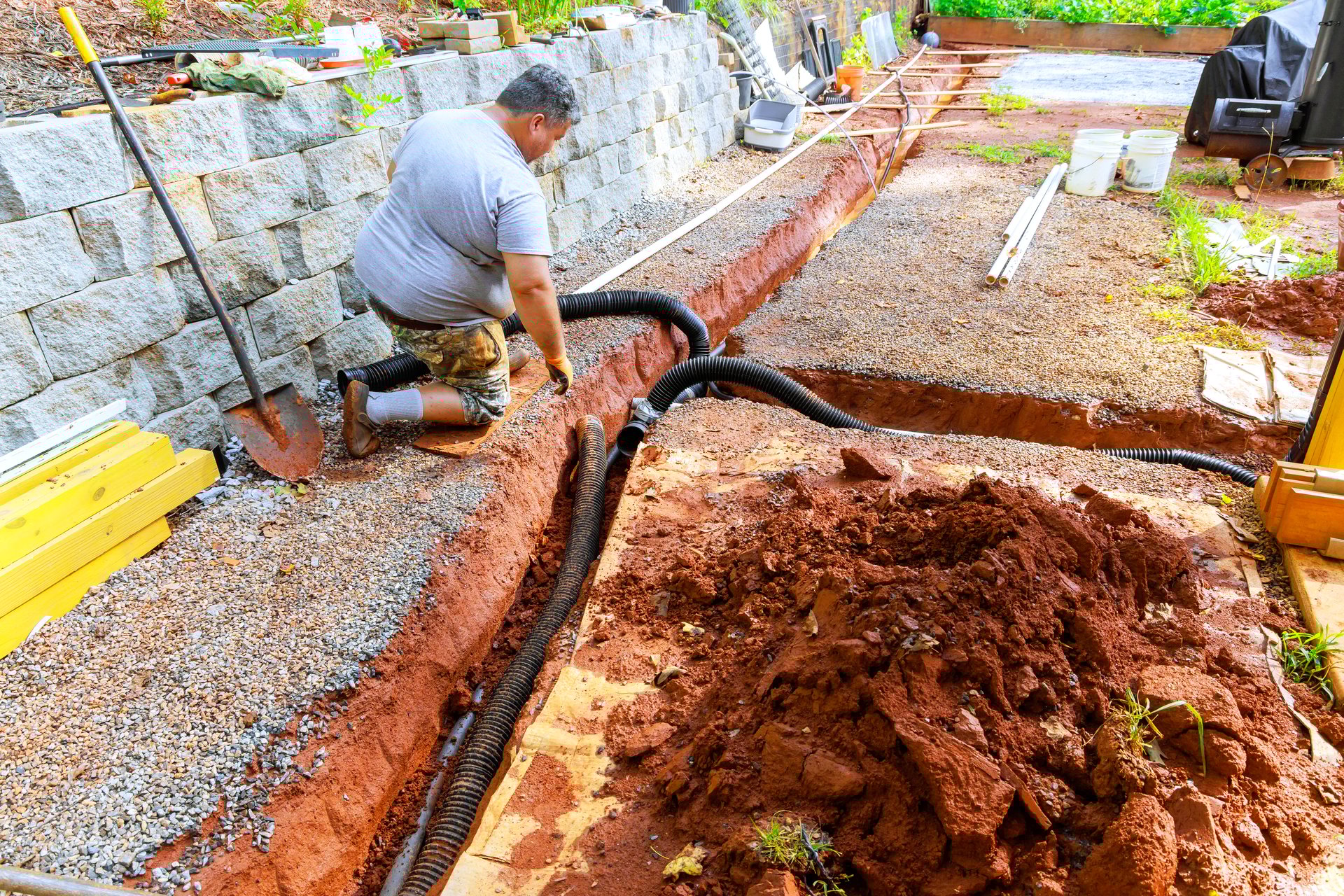 French drain drainage pipe installation