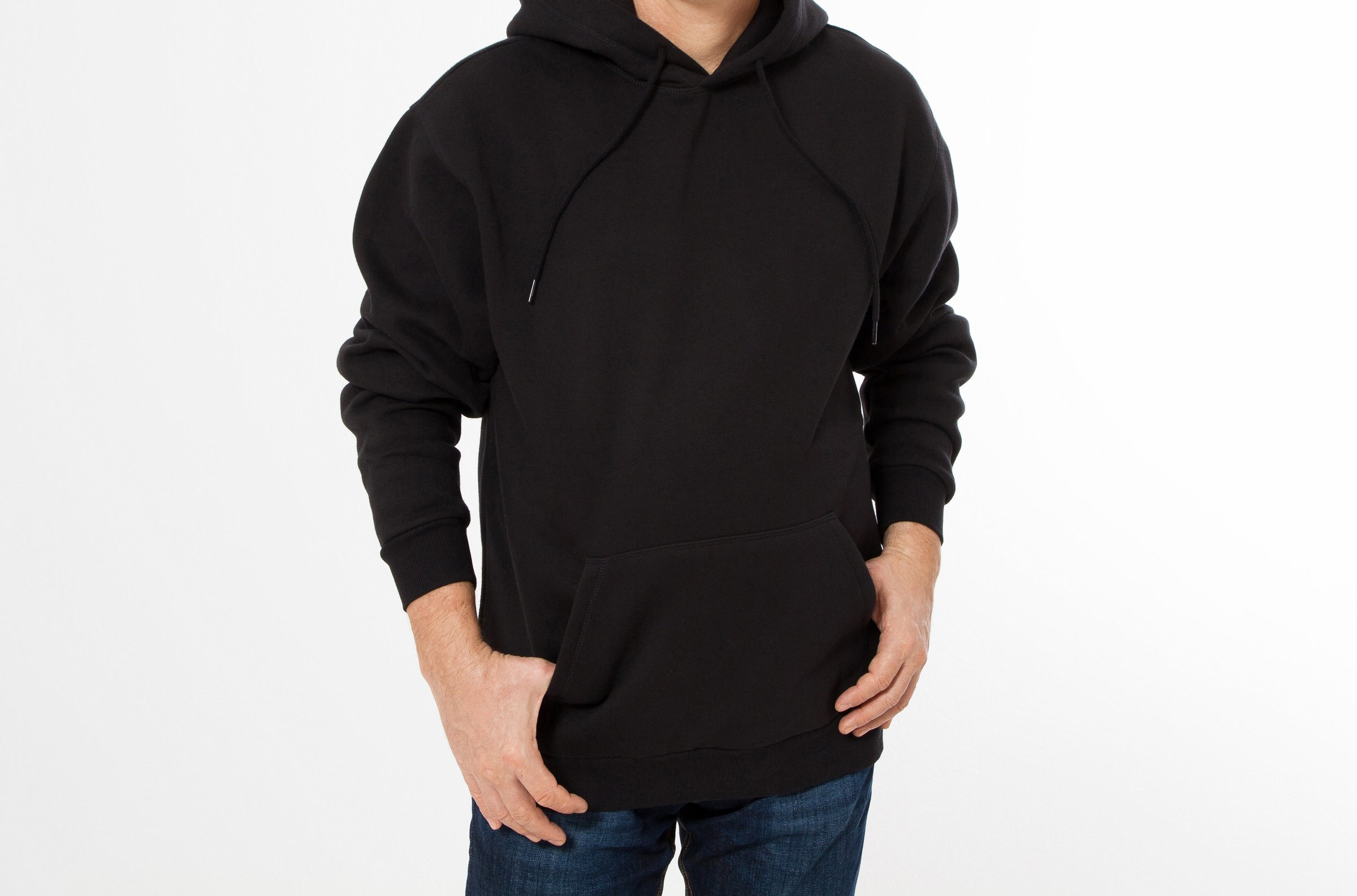 Man posing in black sweatshirt, black hoodies front isolated, mock up