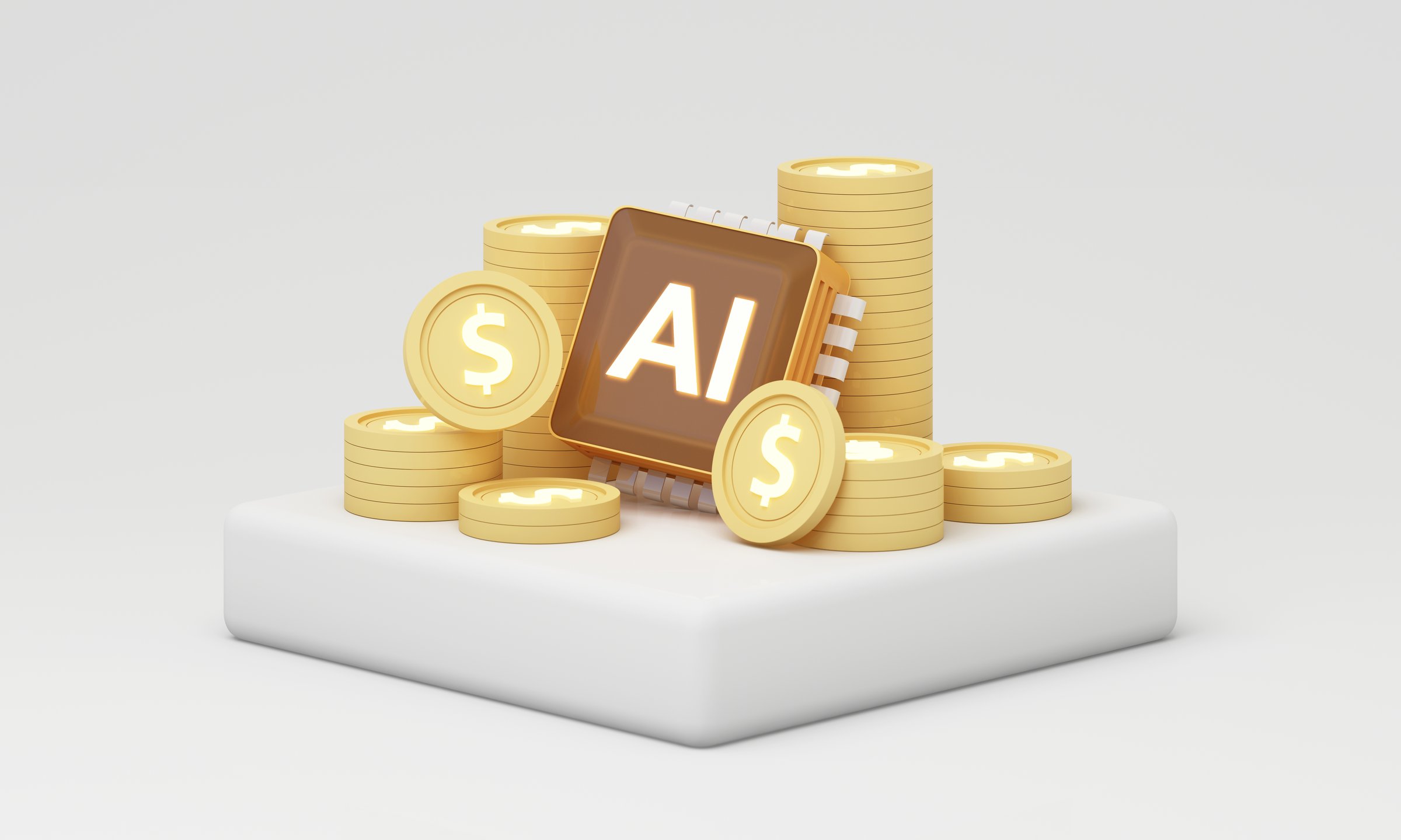 AI chip surrounded by golden coins showing financial success