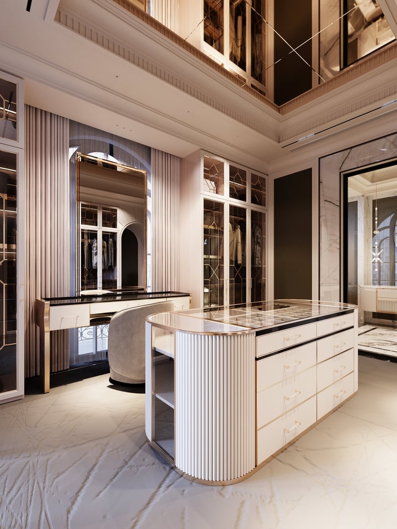 Elegant walk-in closet featuring glass-paneled wardrobes, arched doorway, and custom storage island, bathed in natural light for a sophisticated and luxurious feel. 3D rendering, 3D illustration.