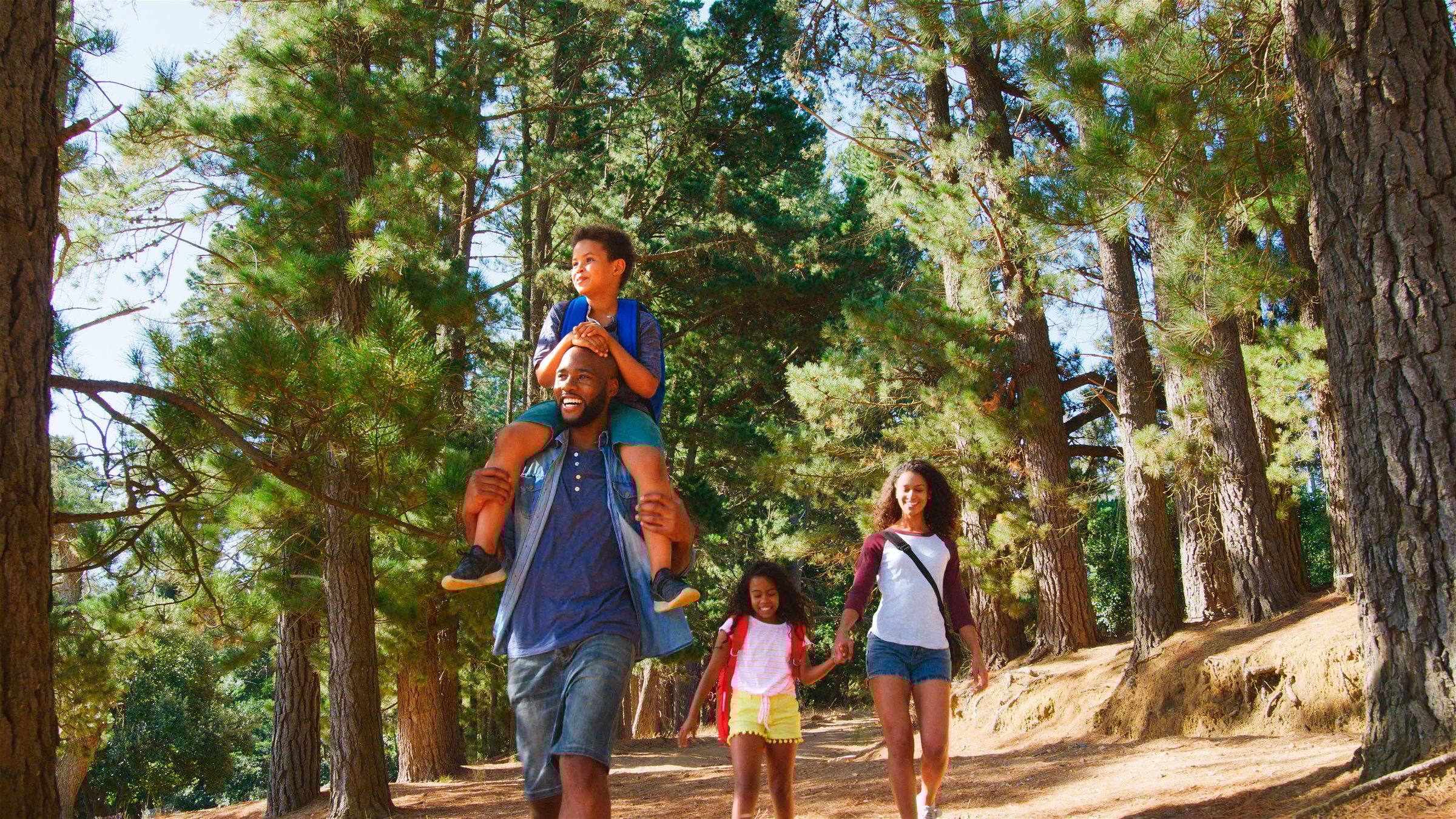 Father Giving Son Ride On Shoulders On Hike Along Path Through Woods