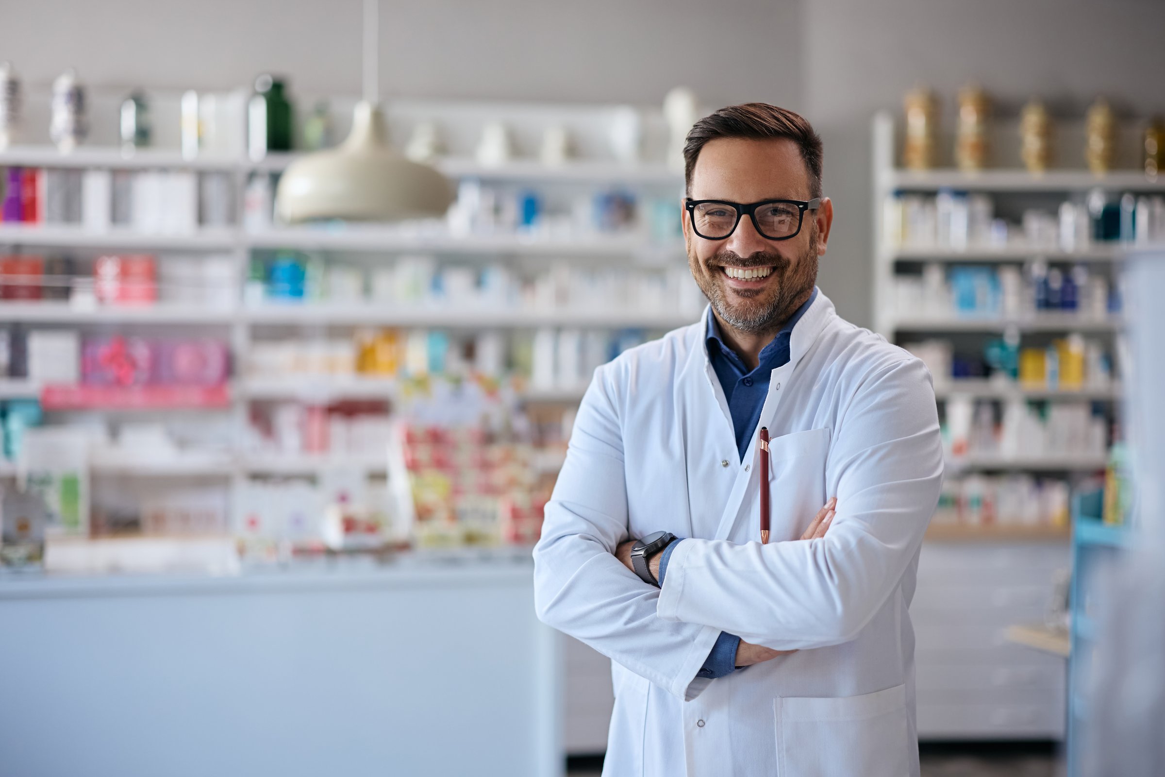 Portrait of confident pharmacist looking at camera. Copy space.