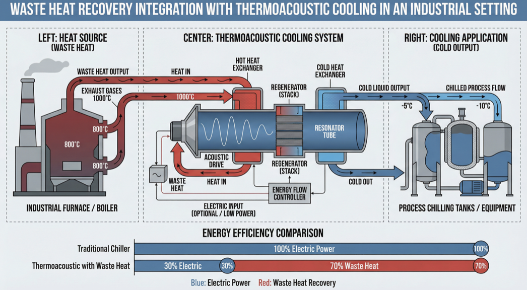 Thermoacoustic industrial cooling system with heat exchangers for process chilling