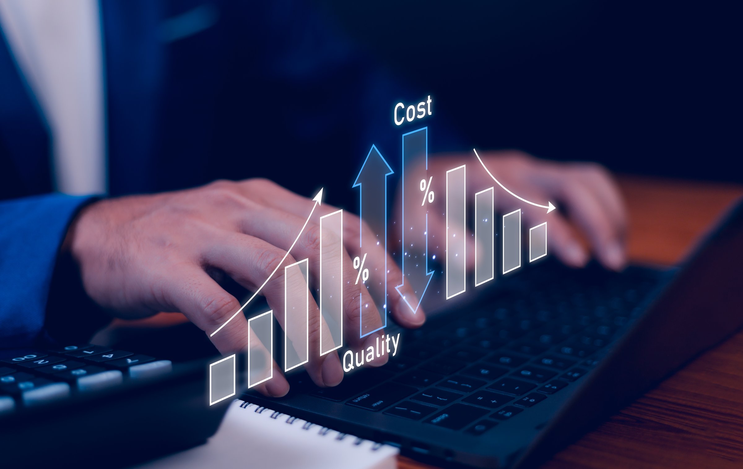 Cost and quality control, concept of balancing efficiency and cost in business strategy. Project management. Businessman working on digital laptop with quality control growth graph and cost reduction.