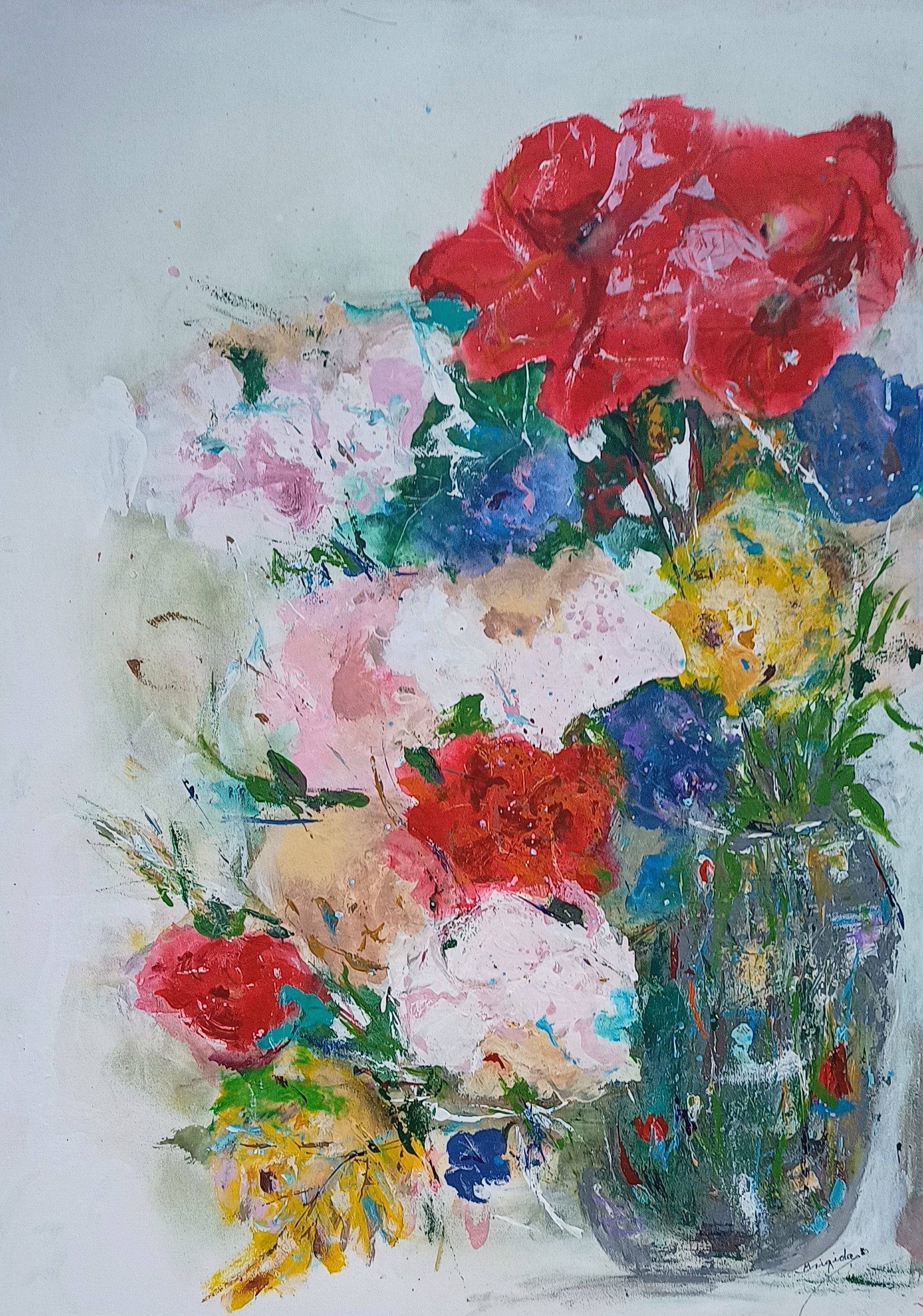 A colorful abstract painting of flowers in a vase, featuring prominent red, pink, and blue blooms against a light background.