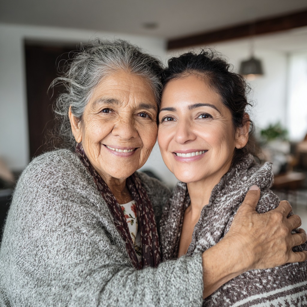 Mujer latina de mediana edad sosteniendo la mano de adulto mayor en consulta médica