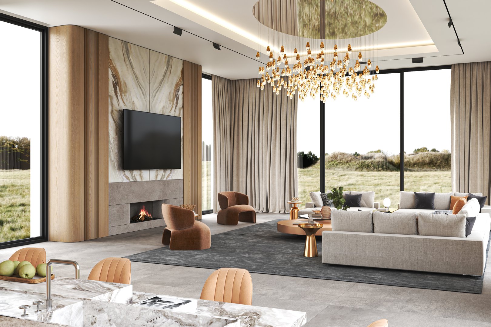 Elegant and modern living room showcases stylish furniture, expansive windows, and an incredible scenic view, 3d rendering