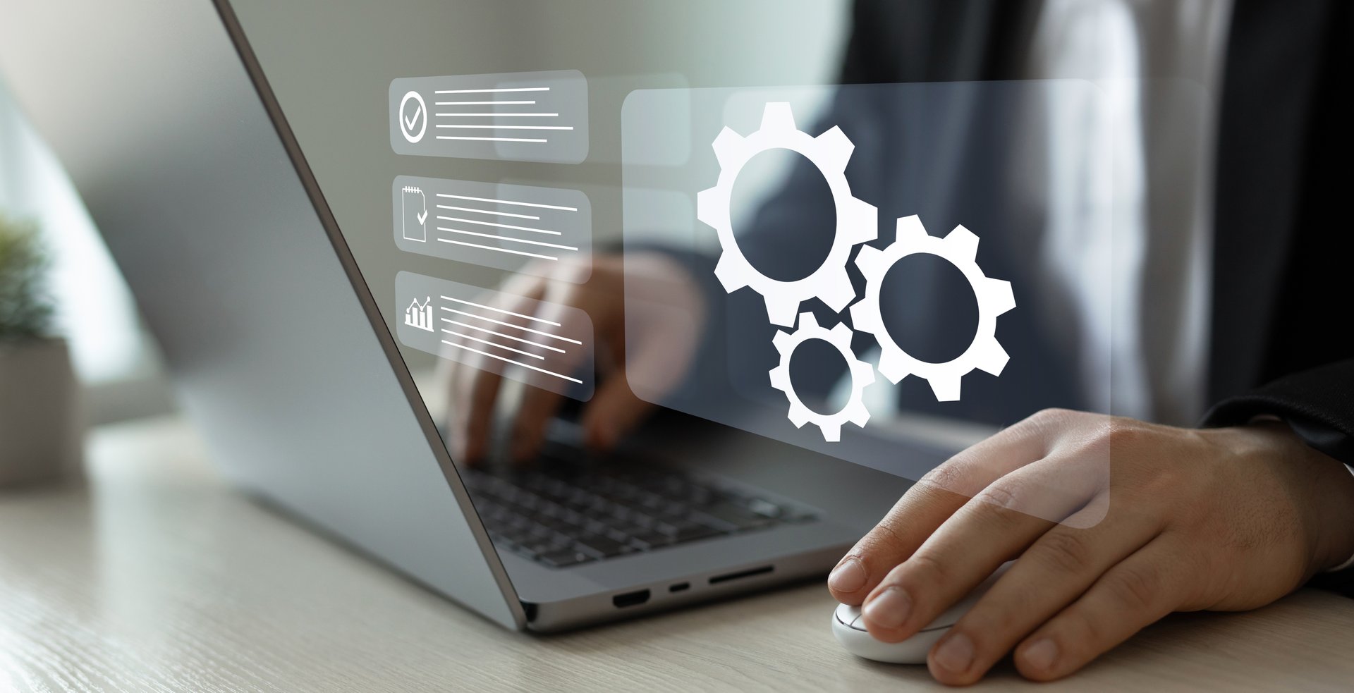 Automated industrial technology with digital transformation.Engineer setting up automated software.Business process optimisation.Robotic process automation or RPA