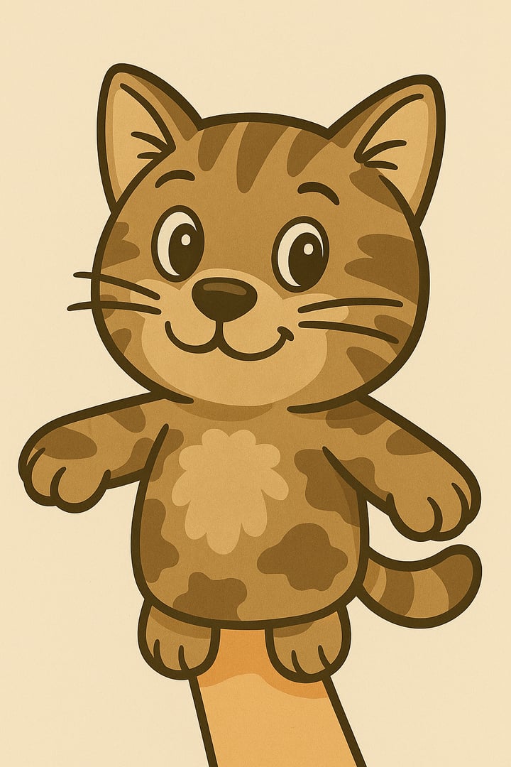 Illustration of a smiling brown striped cat finger puppet on a beige background.