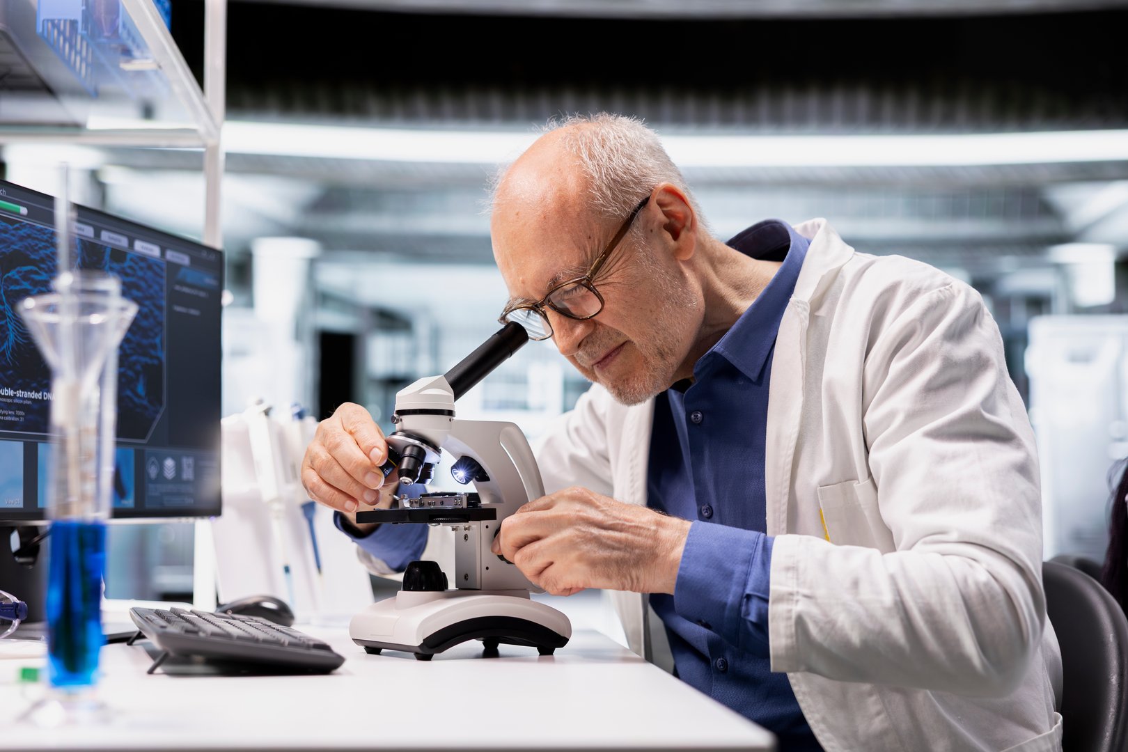 Old researcher examining specimen under microscope in clinical lab, using magnifying glass and lens system for a scientific experiment. Medical research and discovery process for bioengineering.