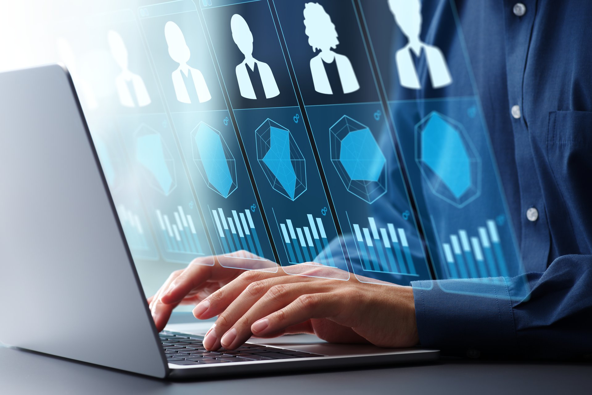 Human resource evaluation and performance appraisal. Employee talent assessment and competency assessment. Manager using a laptop computer to review skills.