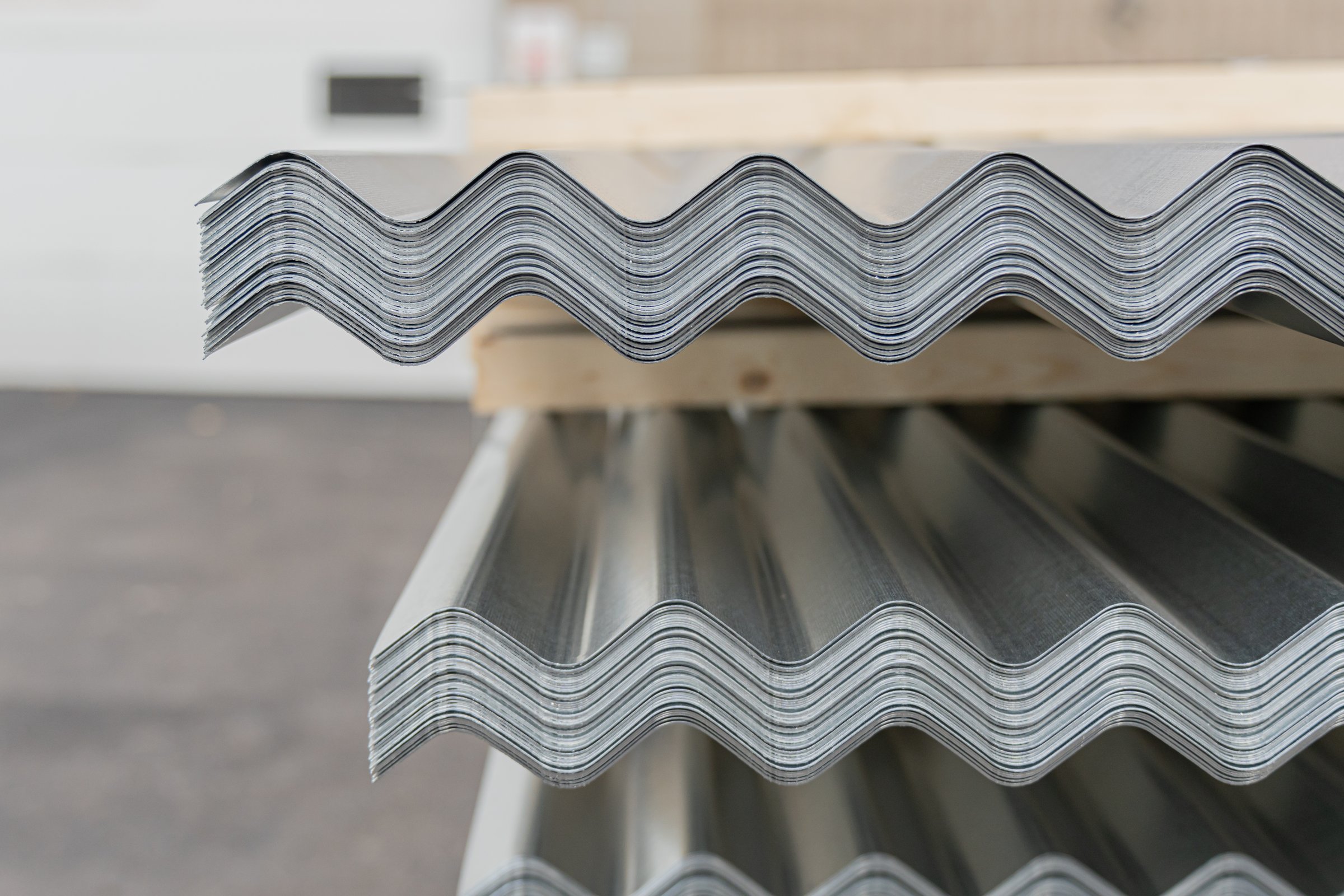 Stack of corrugated roofing sheet for shipping