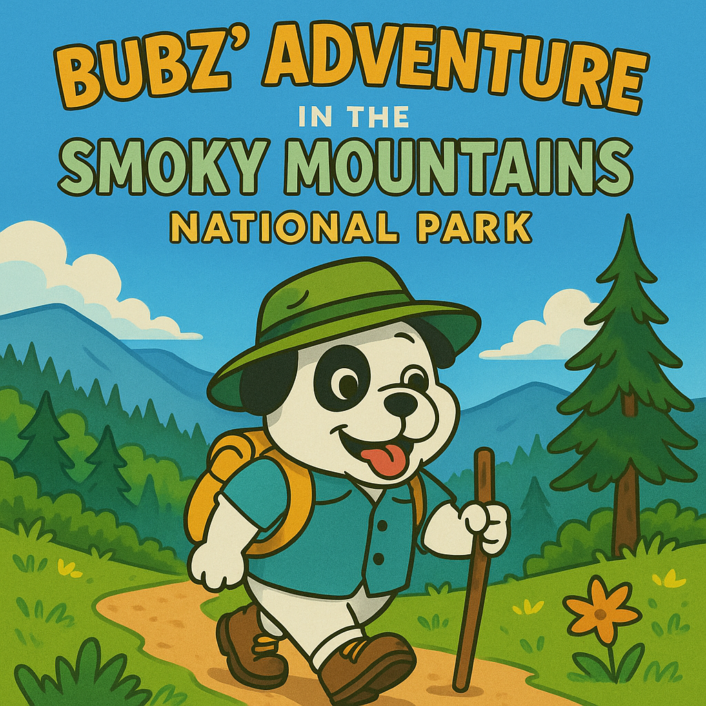 Cartoon dog with a green hat and backpack hiking in the Smoky Mountains, text reads Bubz Adventure in the Smoky Mountains National Park.