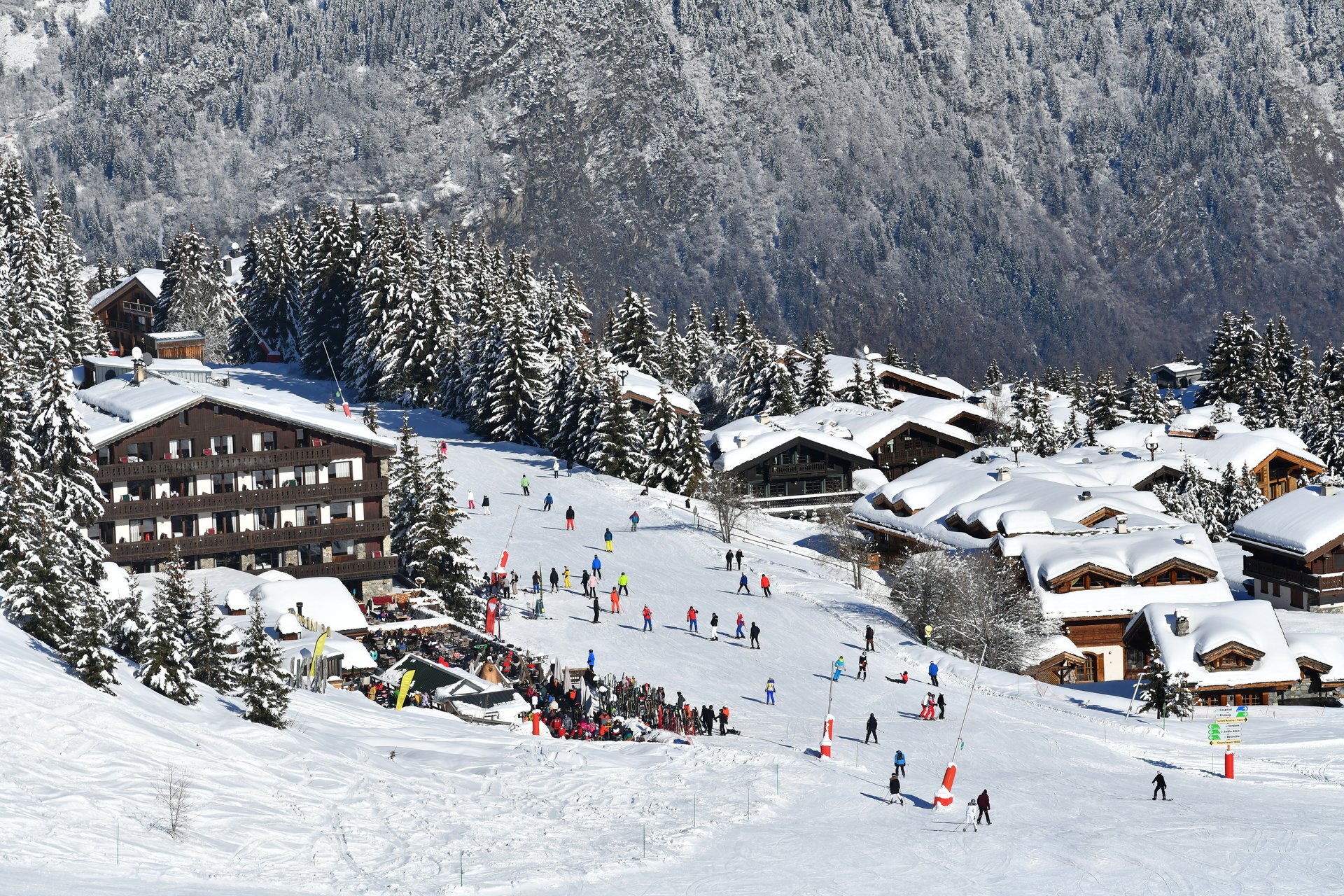 Winter scenery of Courchevel ski resort in French alps.