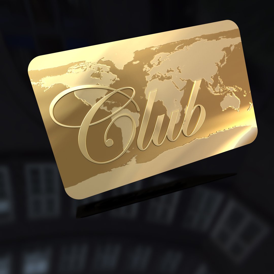 .3D rendering of a golden card with the word club and a world map engraved on it. The map texture is mine, please see attached release