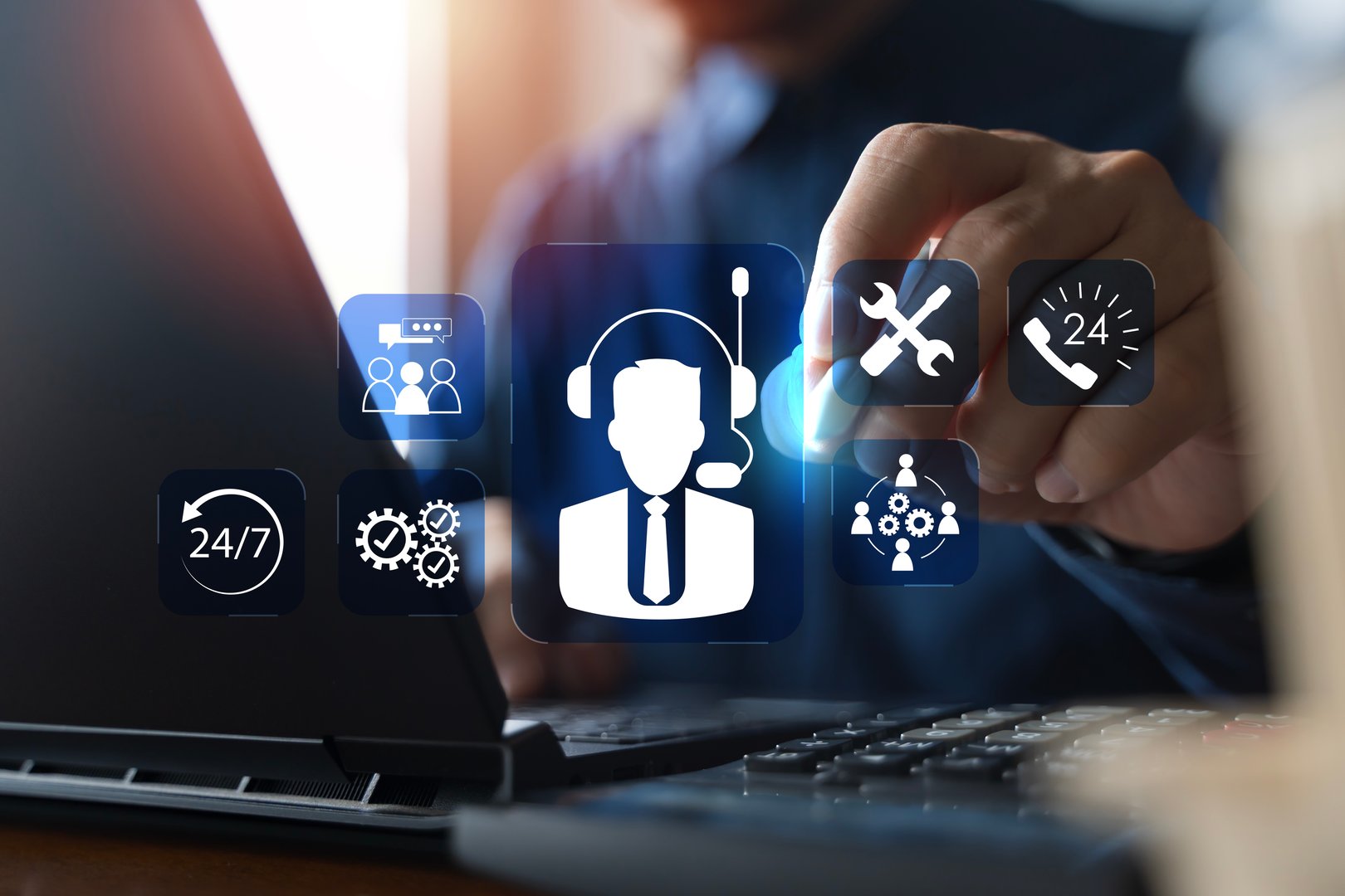 Concept showing customer support service digital icons representing 24/7 assistance