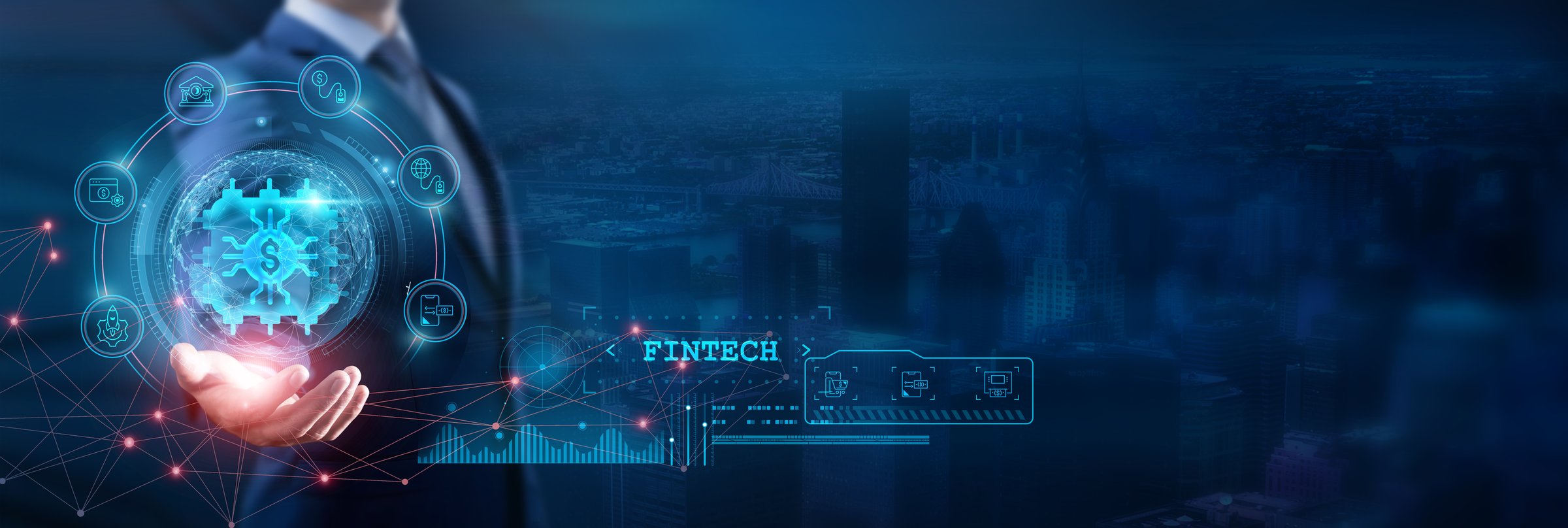 Businessman holds a global structure involving network technology to leverage fintech innovations that enhance financial services, drive efficiency, improve customer experiences, and foster growth.