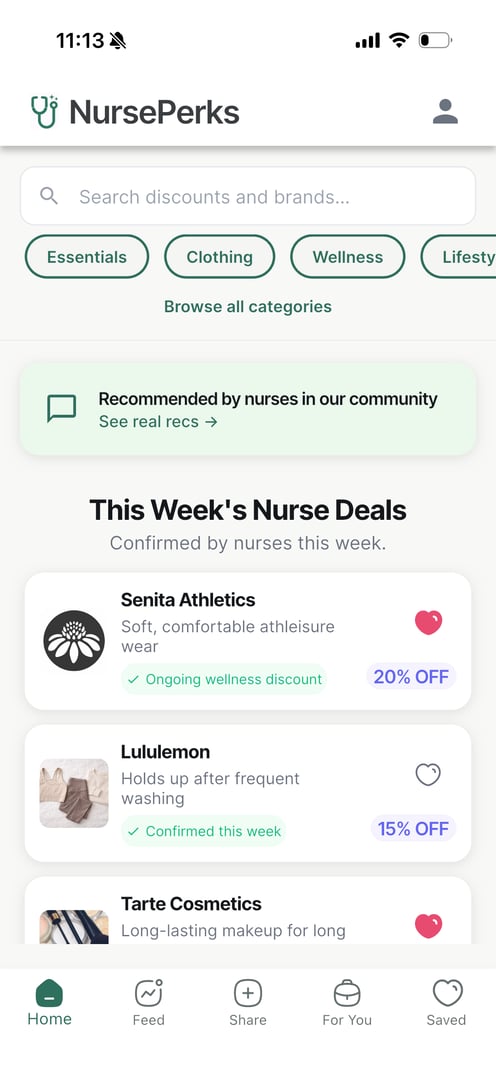 NursePerks home feed showing nurse-approved product lists with bottom navigation