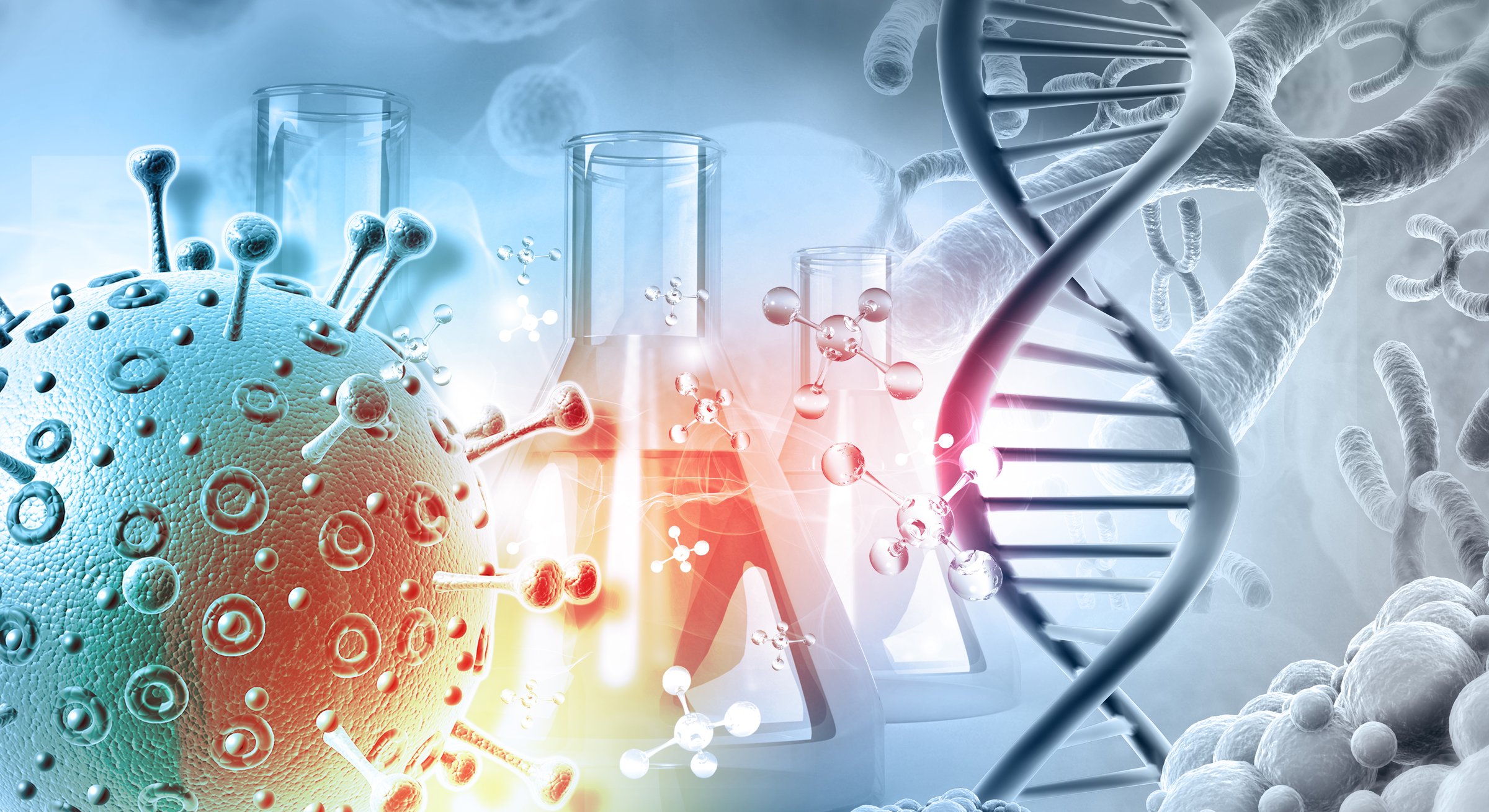 Virus and dna strand on scientific background. 3d illustration