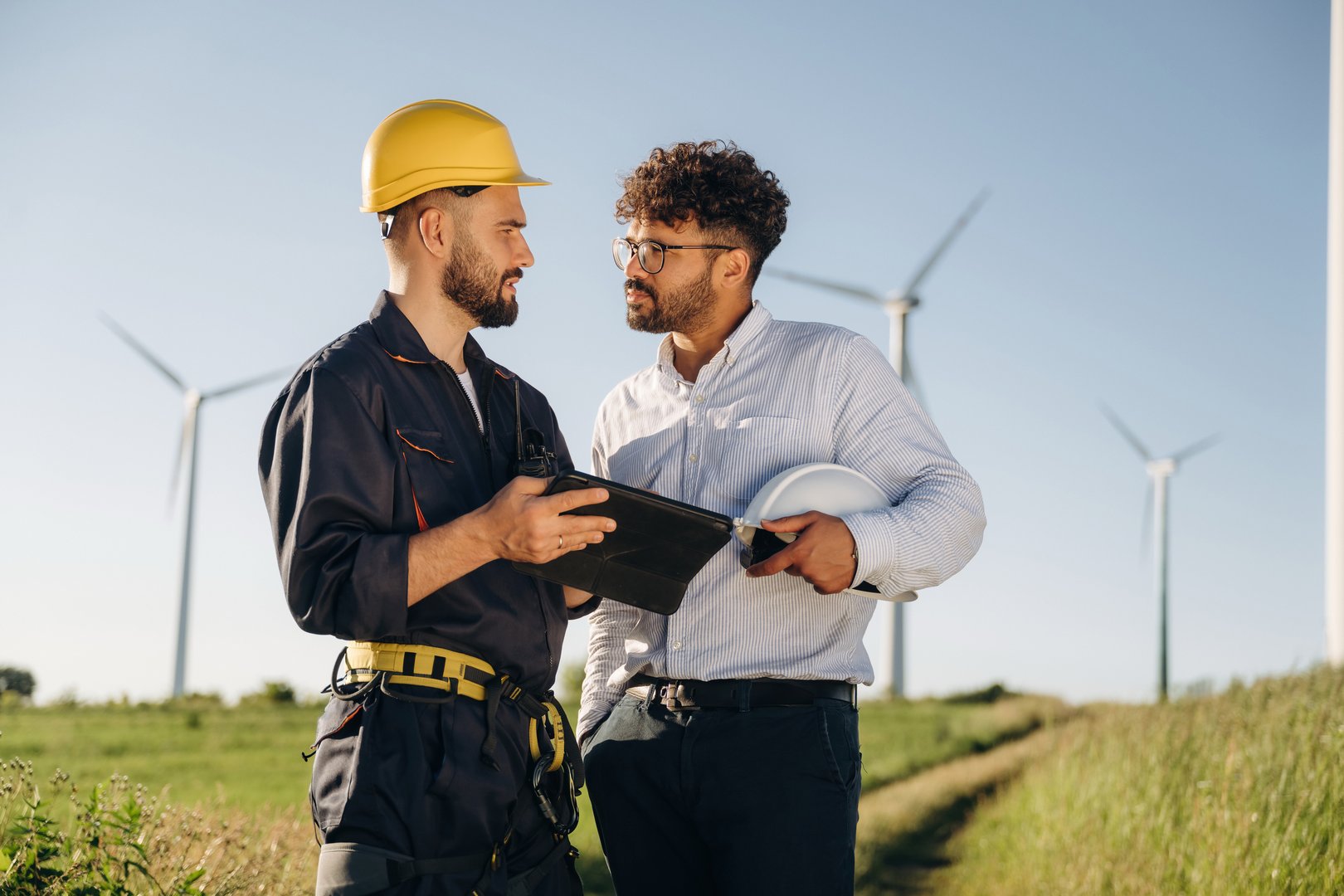 Making the business. Two men engineers are on field, with wind turbines.
