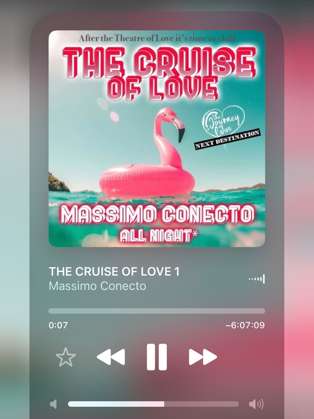 Music player screen showing The Cruise of Love 1 by Massimo Conecto with a flamingo float and ocean background.