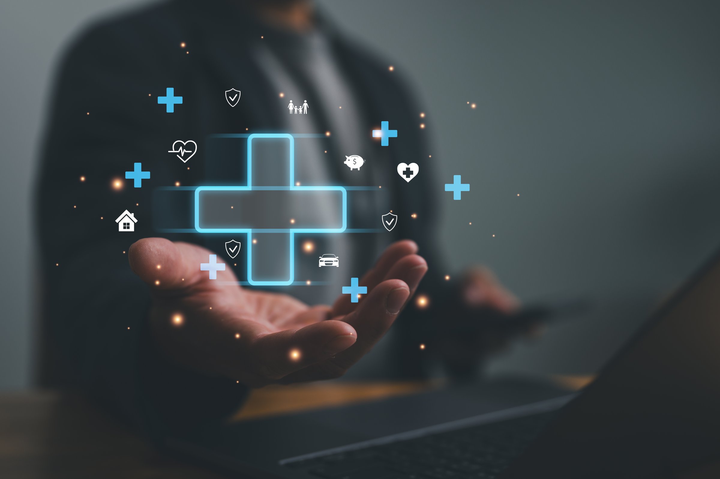 Businessman holding plus sign for positive thinking mindset or healthcare insurance symbol concept, Mental health care concept. Heal care and medical.