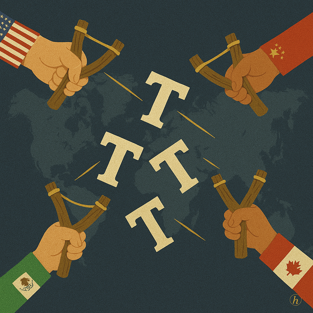 Illustration of four hands with slingshots from the US, China, Mexico, and Canada aiming at the letter T symbols.