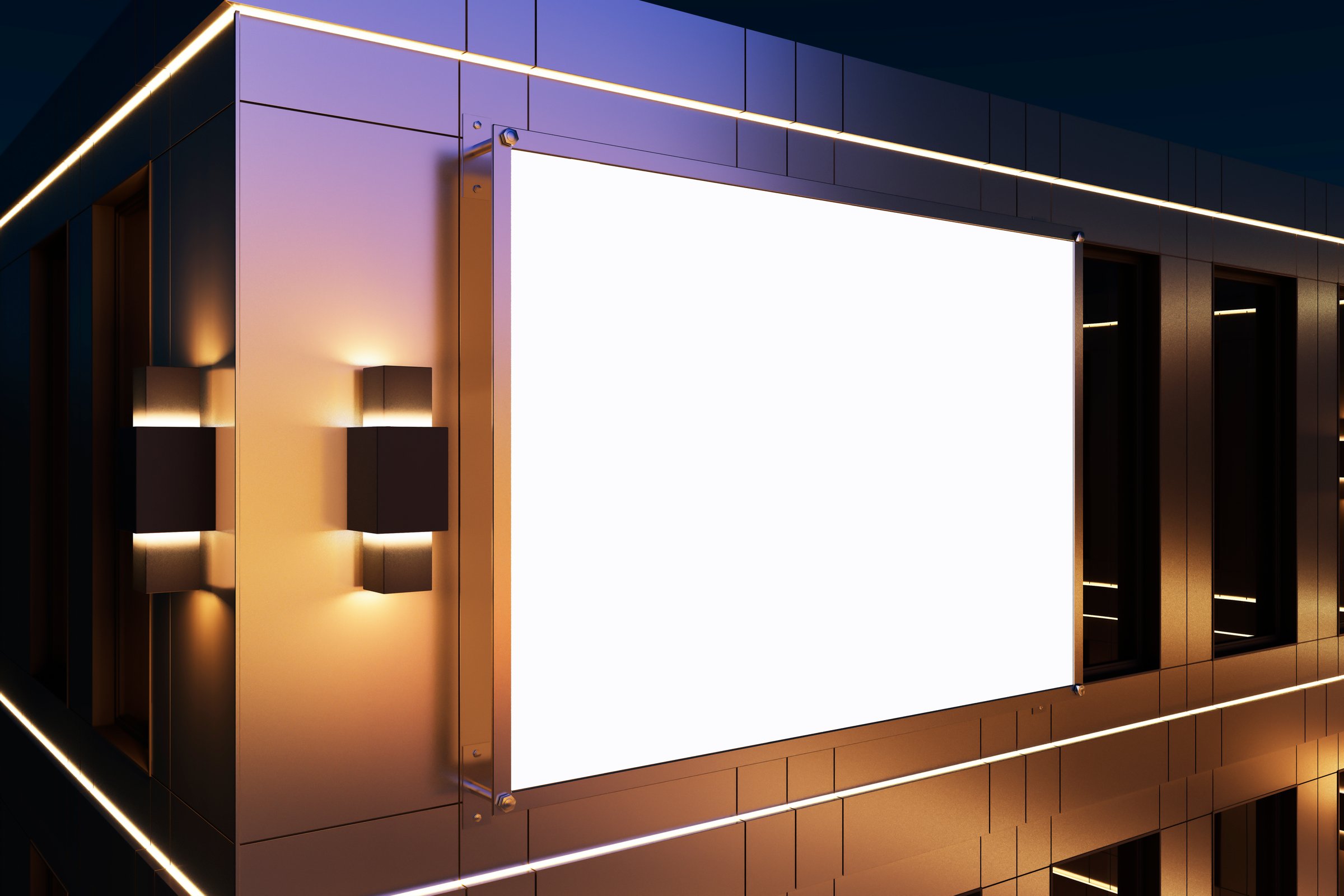 Empty illuminated billboard mounted on modern building facade, 3D Rendering, glowing in night setting. Concept of exterior advertising display