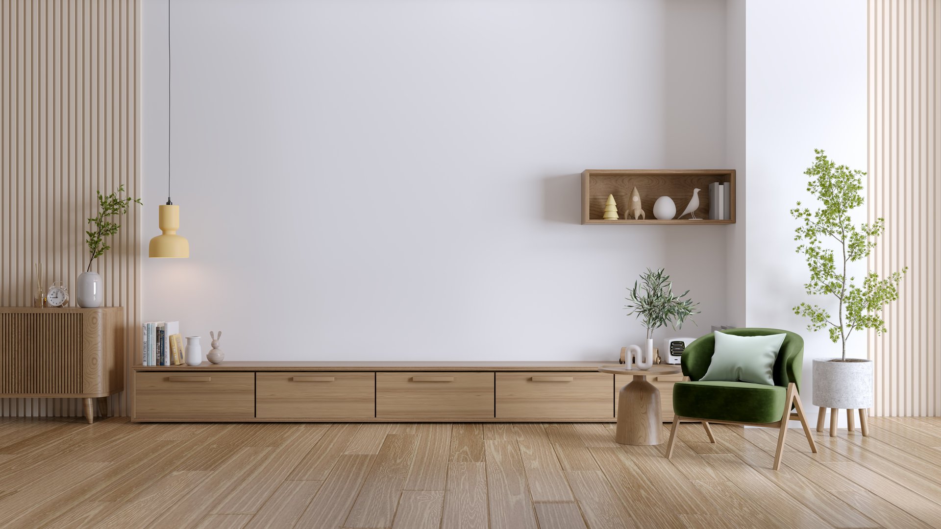 Mid-century modern home design, interior of living room ,armchair with wood cabinet ,TV wall mounted,3d render