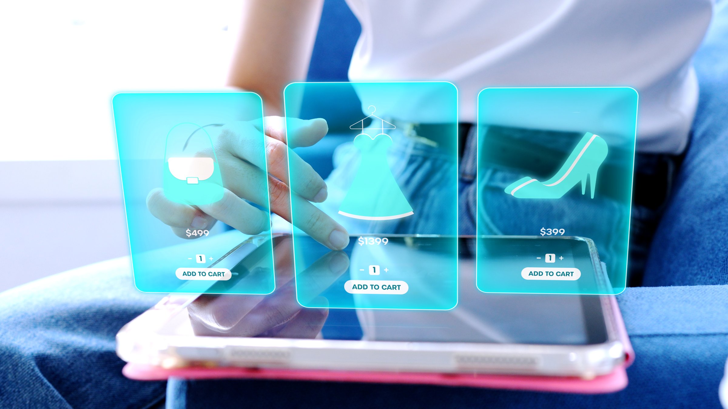 Woman using tablet with futuristic augmented reality (AR) interface for online fashion shopping, choosing products to add to cart, concept of e-commerce, metaverse, and retail technology.