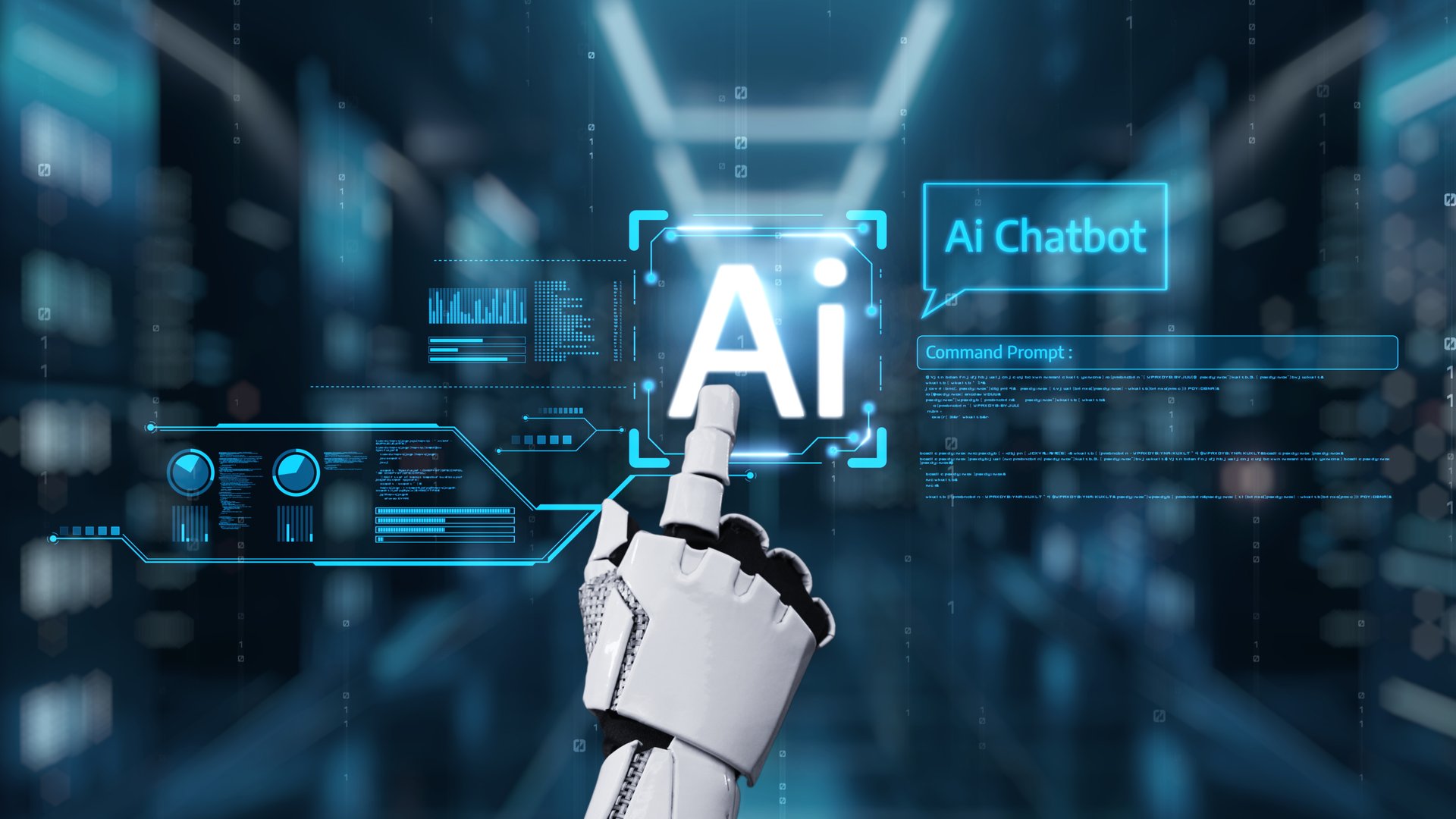 A robotic hand interacts with a digital display showcasing an artificial intelligence chatbot in a high-tech data center, representing innovation and automation. Auvana