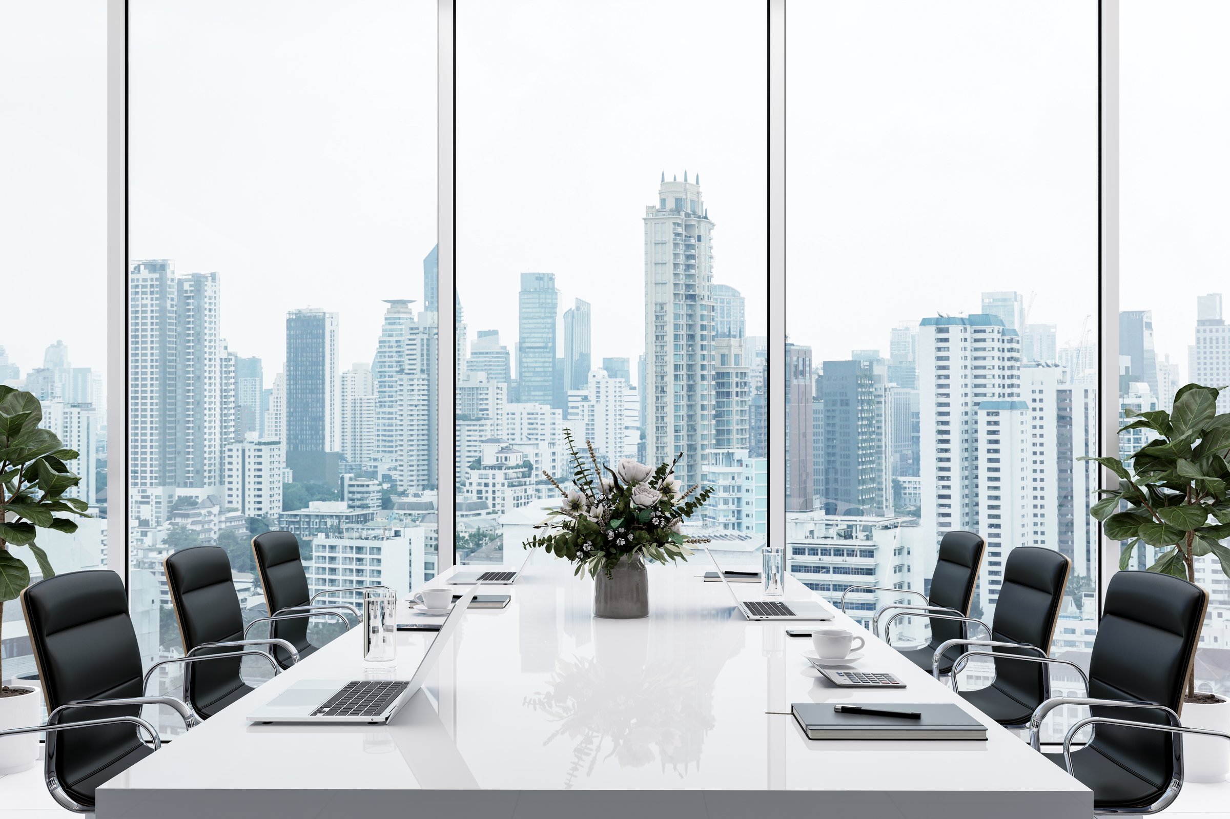 Minimal style modern luxury white meeting table 3d render, There are large windows overlooking city view background