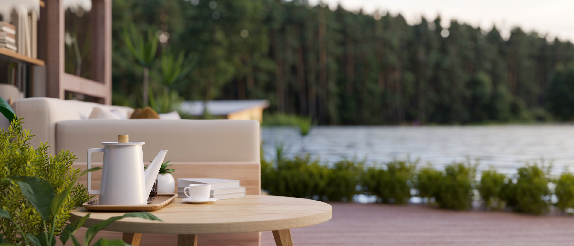 Side view of a wooden side table with a coffee pot, coffee cup, and copy space, on a beautiful deck or terrace with a beautiful lake view. 3d render, 3d illustration