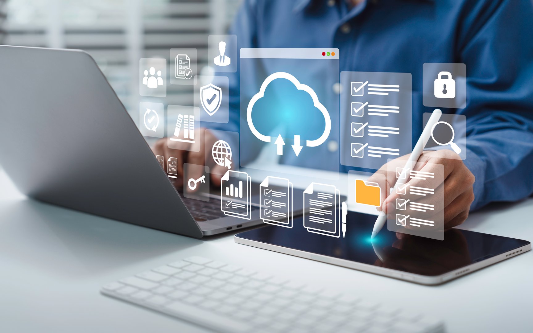 Businessman using a computer to Cloud service to document management and digital files storage and transfer. doc sharing and file access, backup and sync data, online documentation database technology