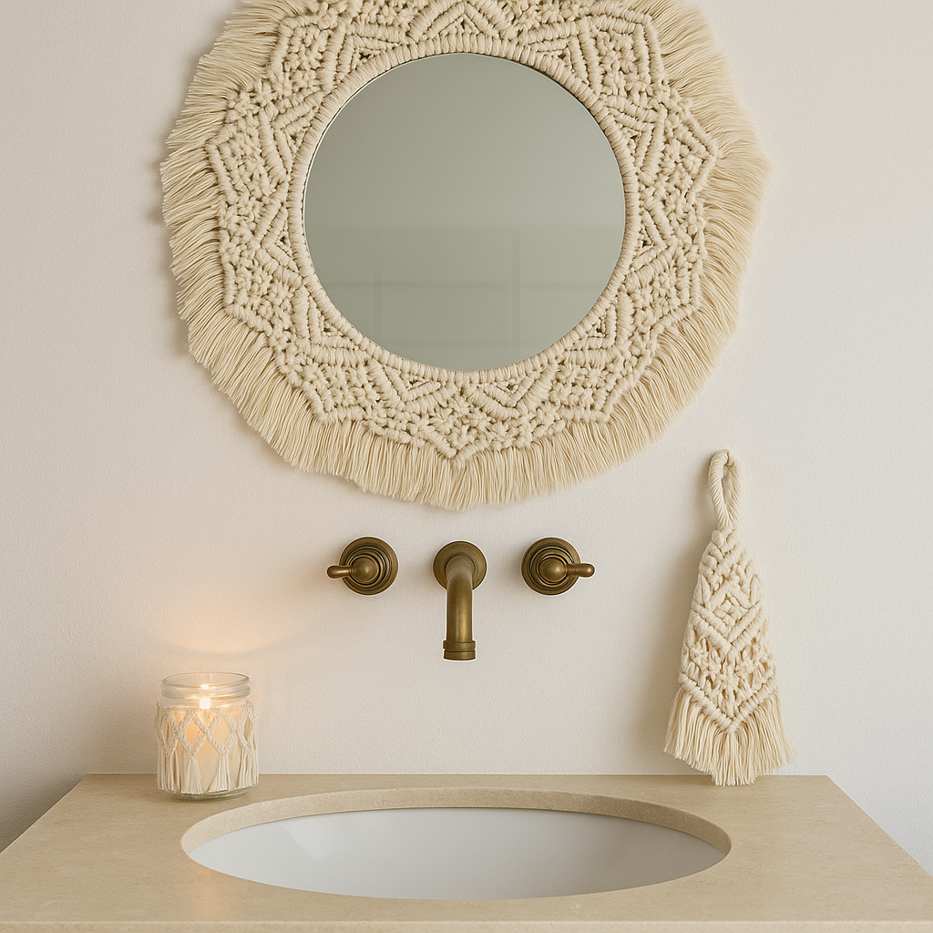 Bathroom sink with a round mirror framed in macramé, brass faucet, candle in glass holder, and hanging woven decor.