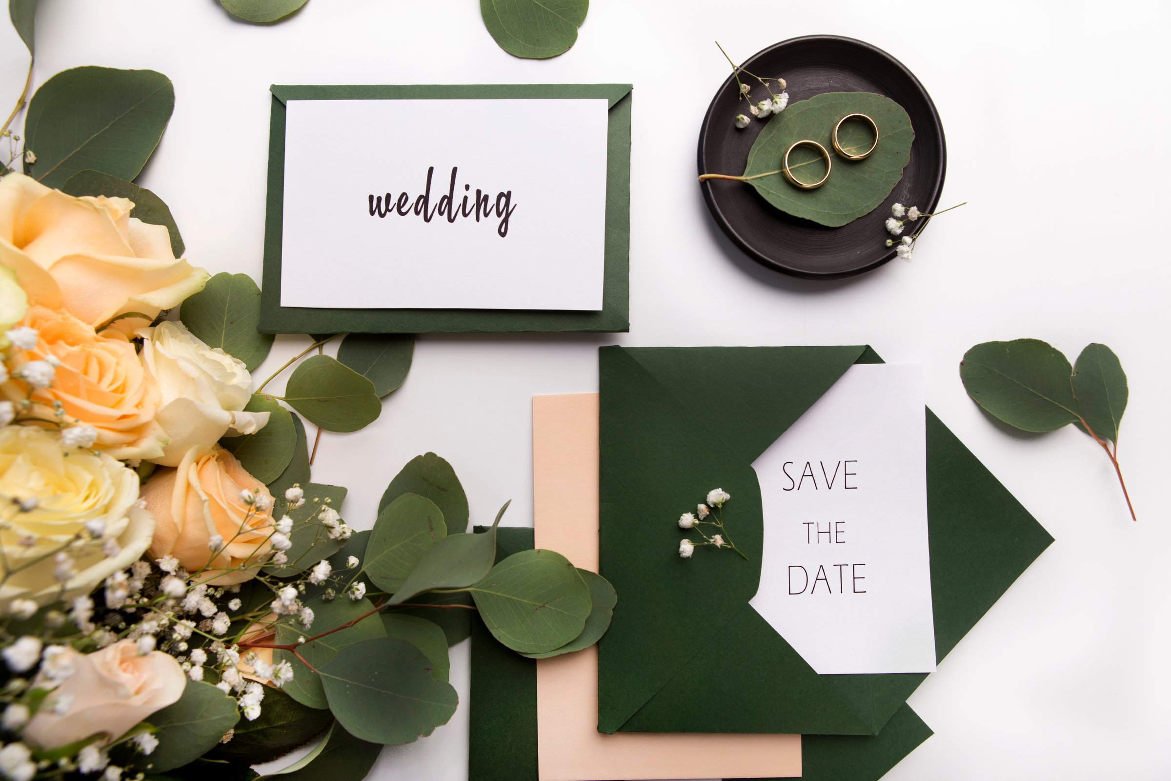 Green style Wedding. Golden rings and postcards with text on white background