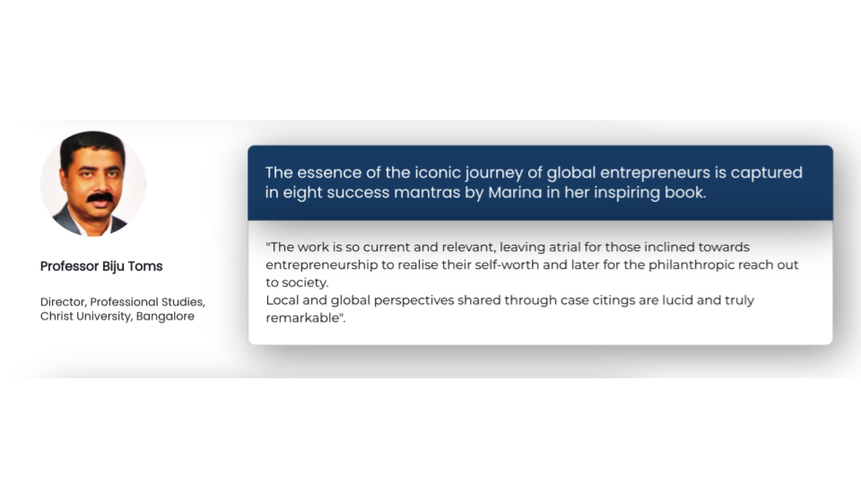 A book review by Professor Biju Toms praising an inspiring book on global entrepreneurship success mantras.