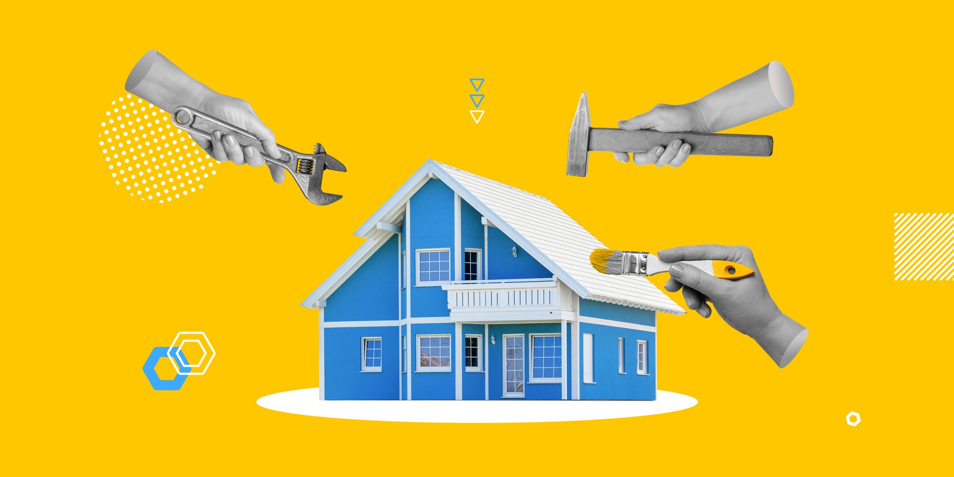 Renovation, construction, repair services. Hands with adjustable wrench, hammer and paintbrush around blue house on blue yellow background. Minimalist art collage