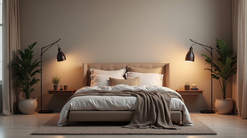 Modern minimalist Japandi bedroom interior with wooden furniture and a blank frame poster mockup, perfect for artwork or design display.