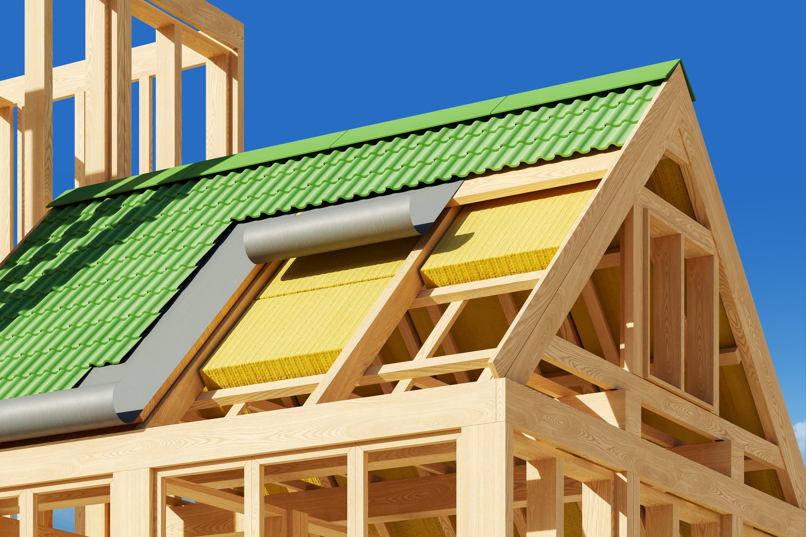 Side view of house construction with shingle roof installation process, sky background. Concept of renovation, insulation and refurnishing. 3D rendering illustration