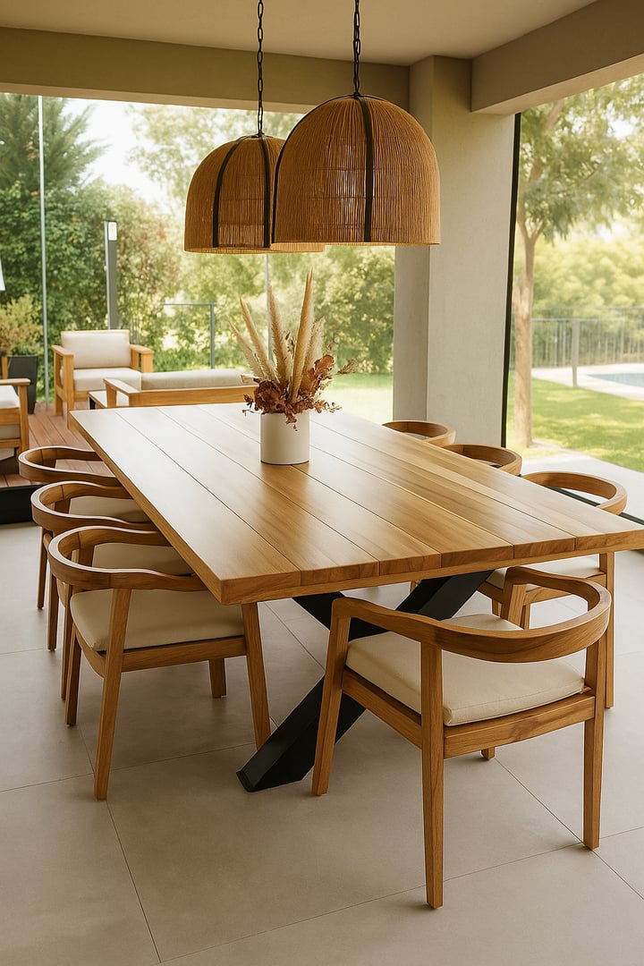 Mesa de terraza en madera de teca con base de acero en X