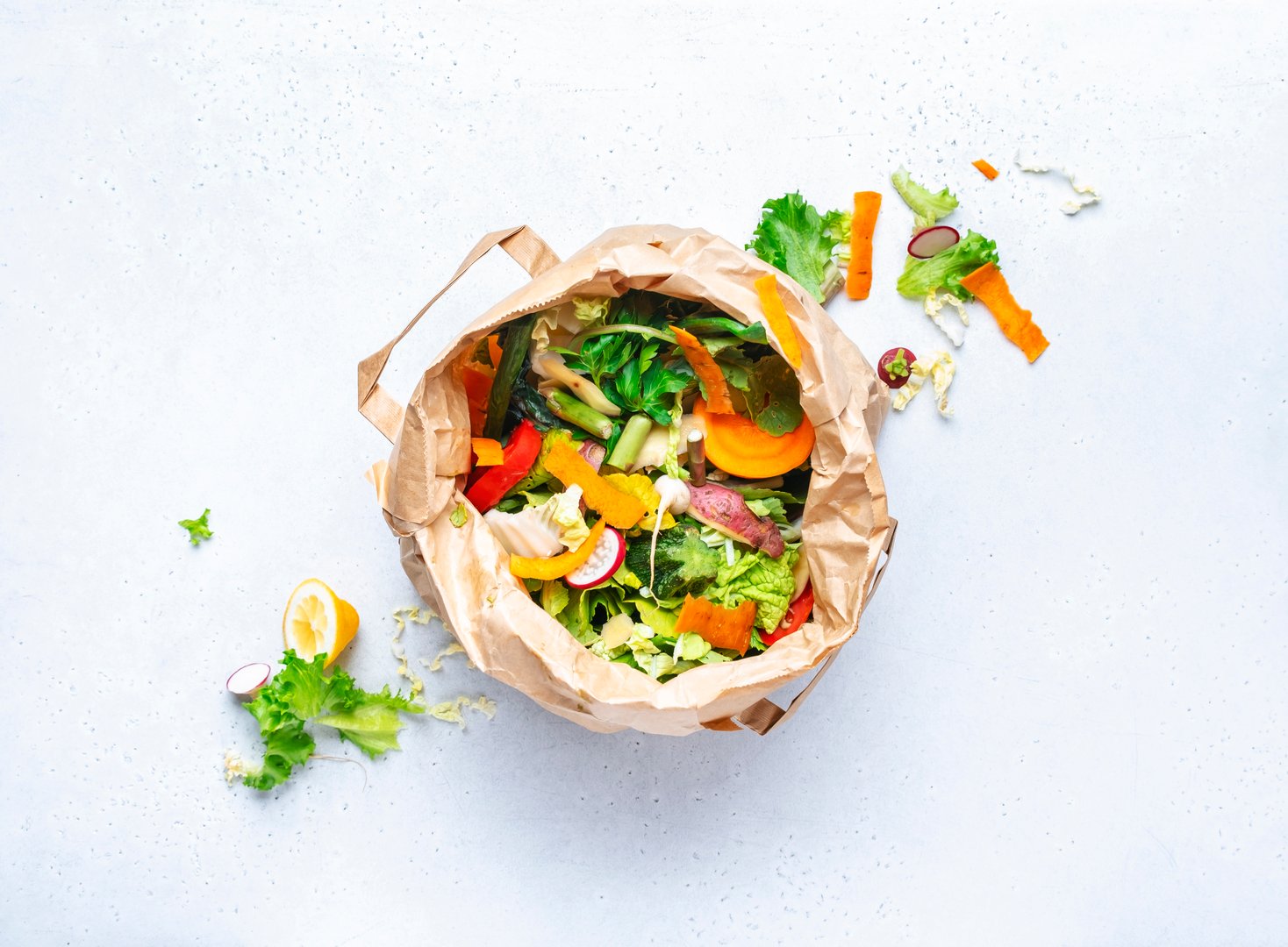 Sorted kitchen food waste in paper eco friendly bag recyclable for garden compost