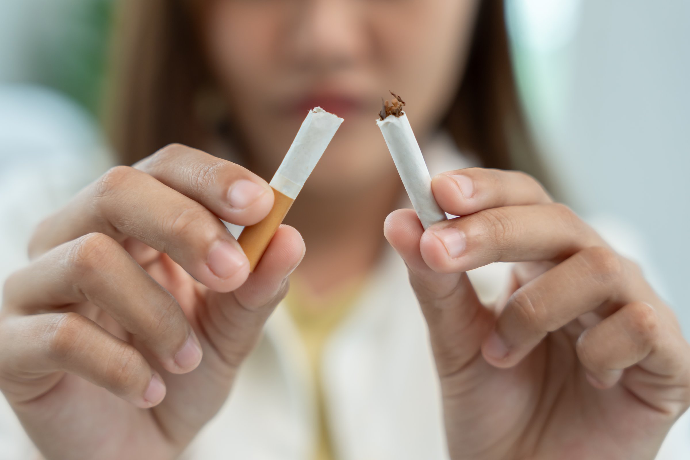 No smoking. Woman stop smoke, refuse, reject, break take cigarette, say no. quit smoking for health. world tobacco day. drugs, Lung Cancer, emphysema , Pulmonary disease, narcotic, nicotine effect