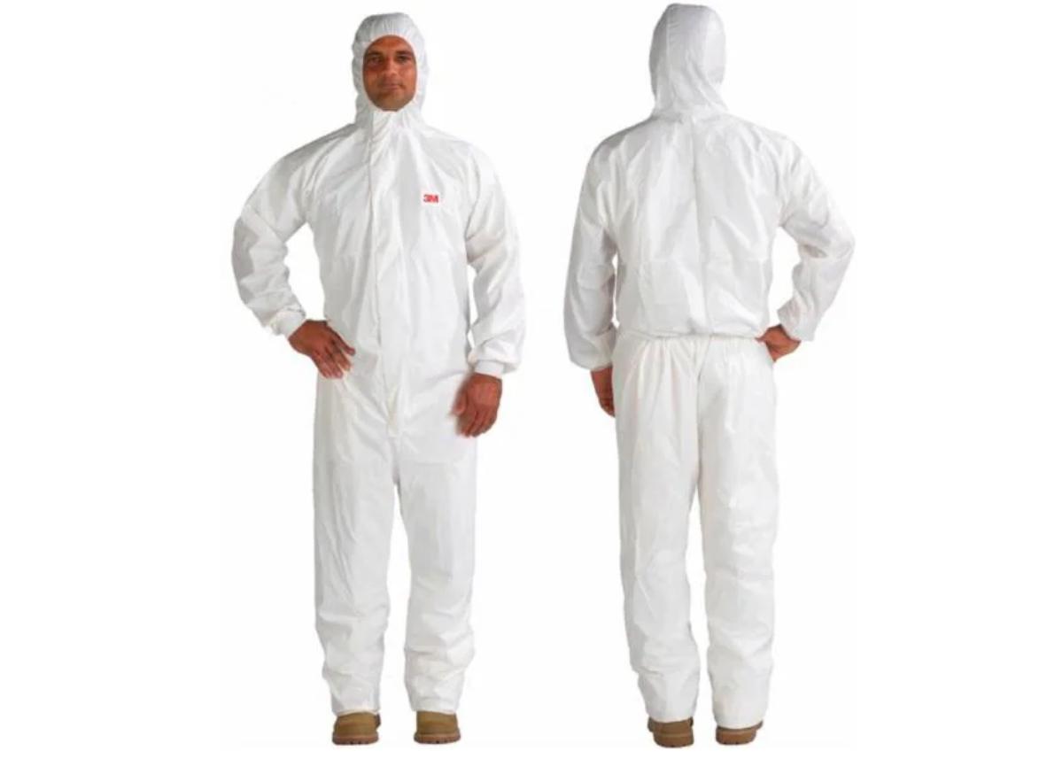 Two views of a person wearing a white disposable coverall with a hood, showing front and back.