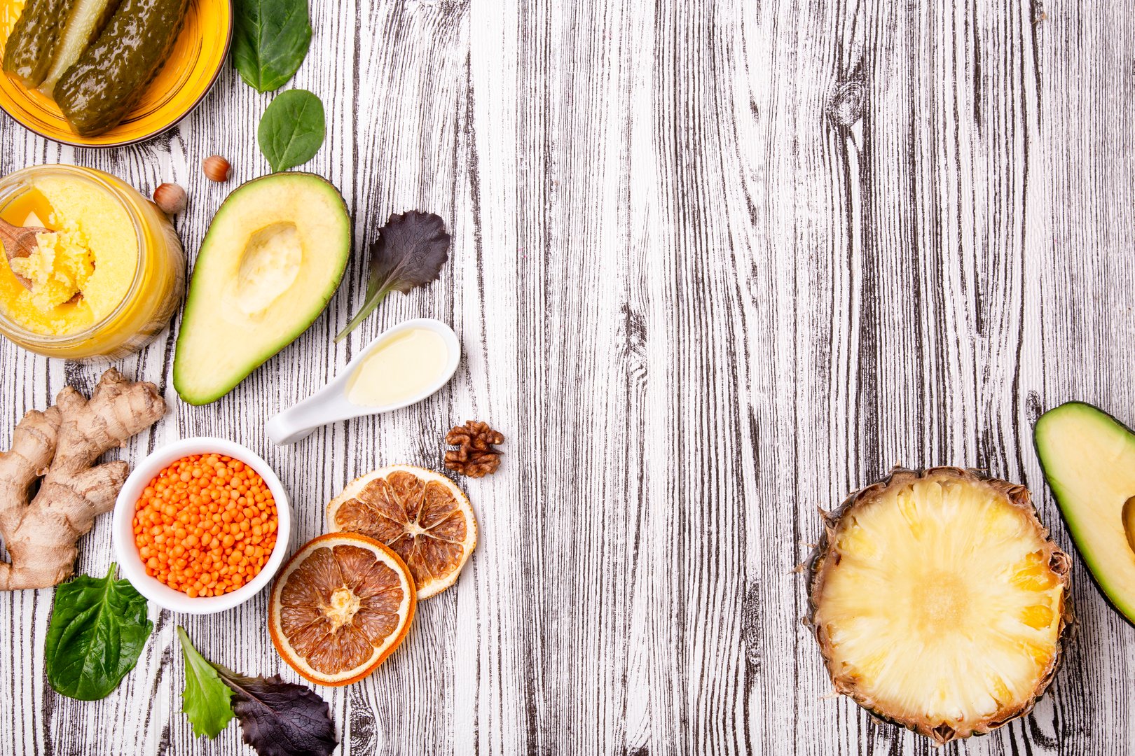 Vibrant Vegan Selection - Fresh Produce and Whole Foods Composition. Copy space