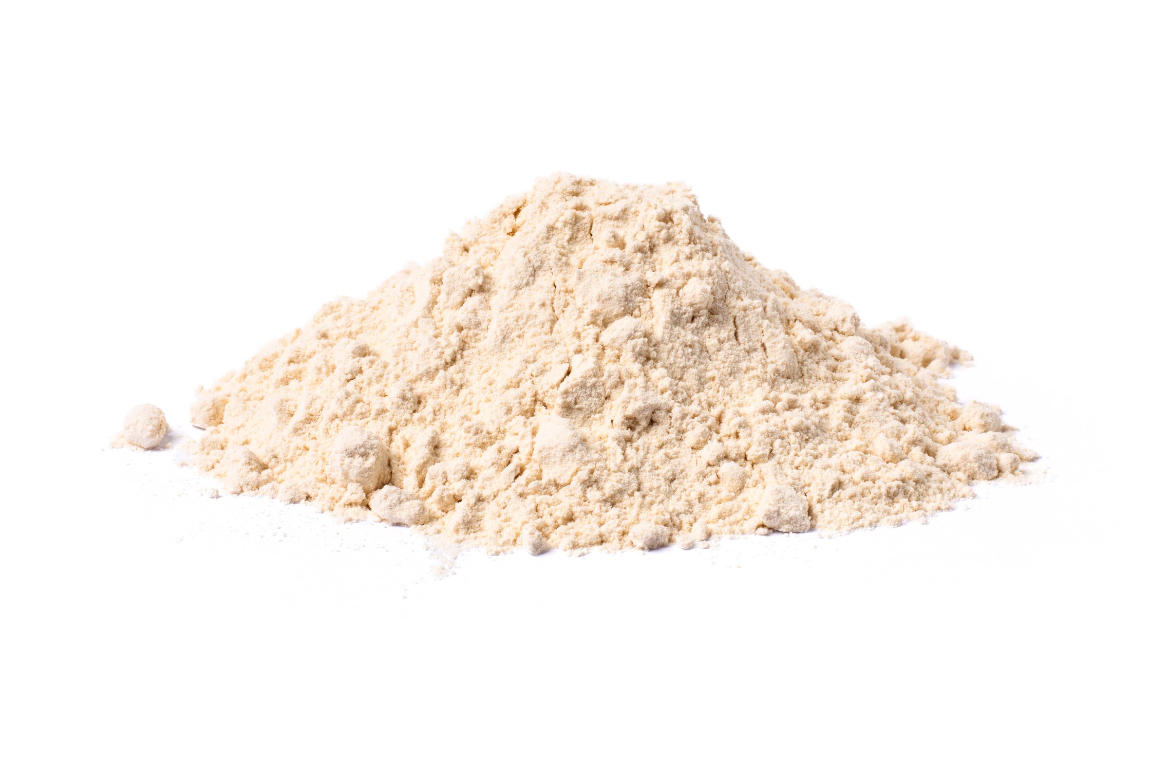 Pile of Whey protein powder isolated on white background.