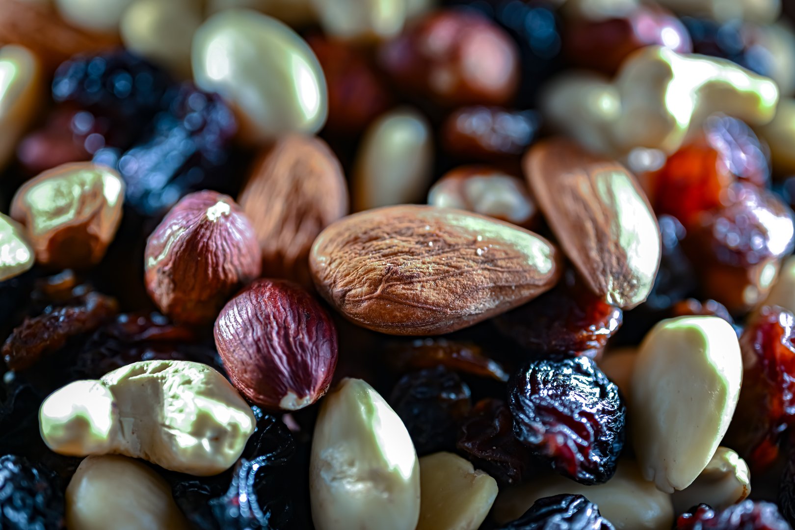 Close-up of mixed nuts and dried fruits.