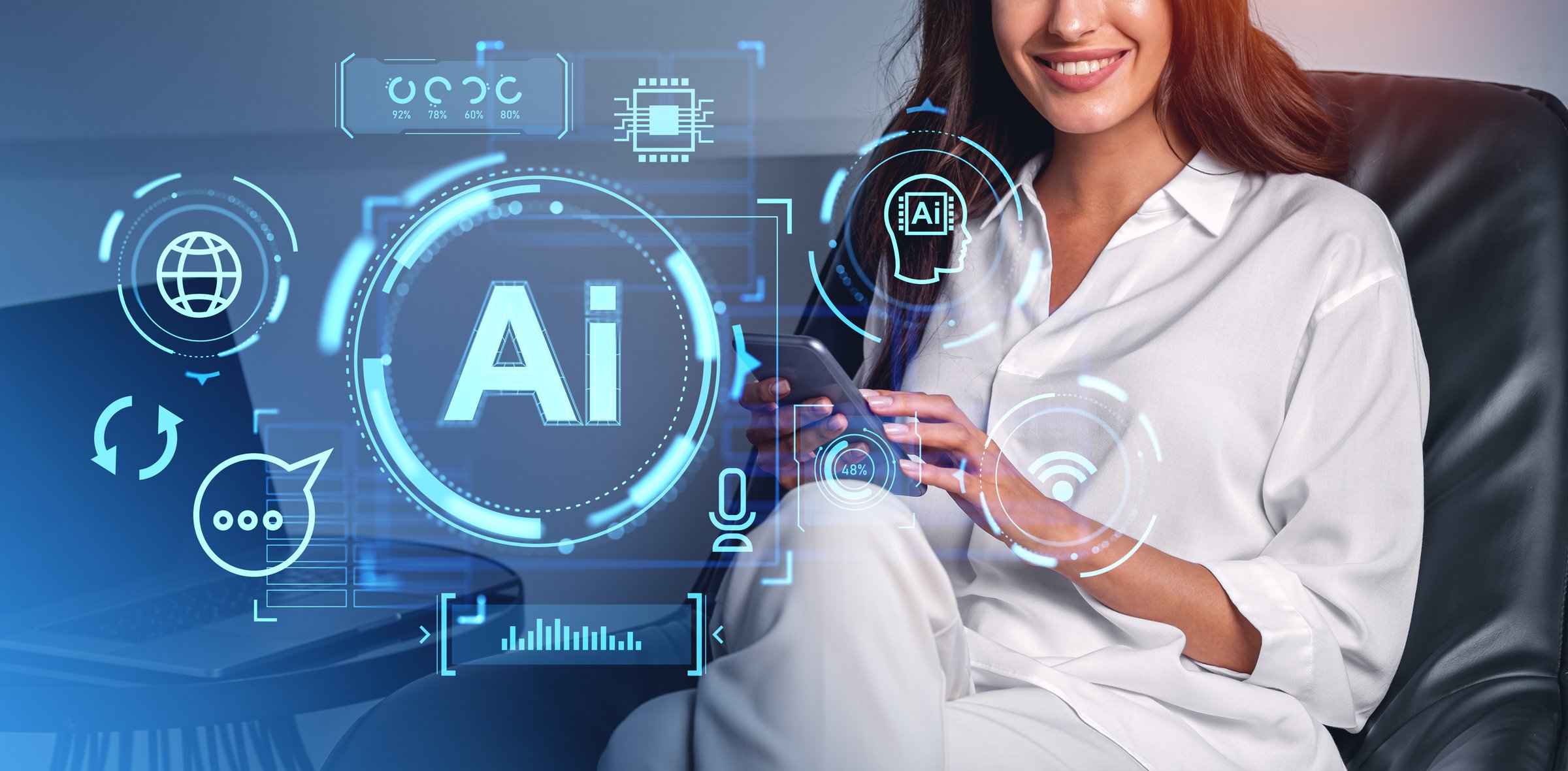 Smiling woman finger touch smartphone, AI hologram with speech bubble and indicators, chat bot or robot conversation. Concept of machine learning and mobile app