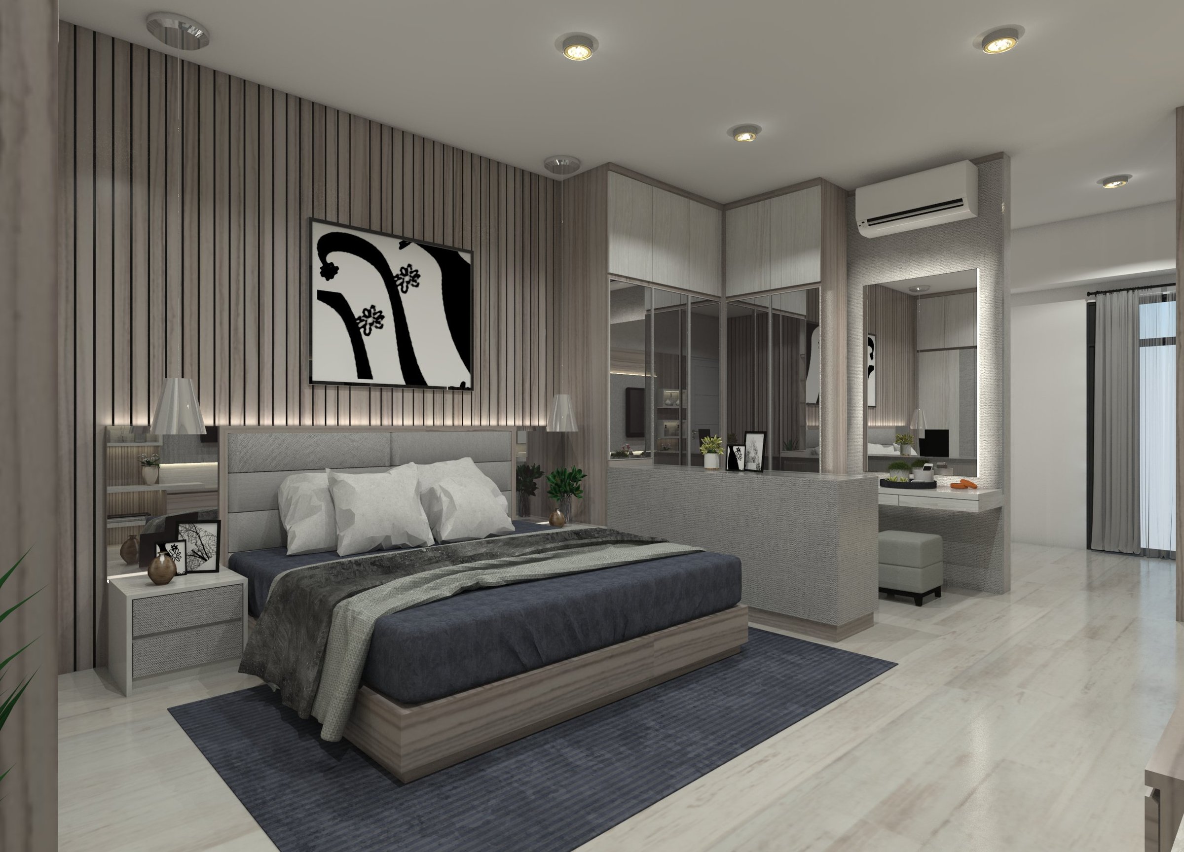 Complete 3D modern bedroom interior featuring a bed with panel headboard decor, a wardrobe, and a vanity table with a mirror.